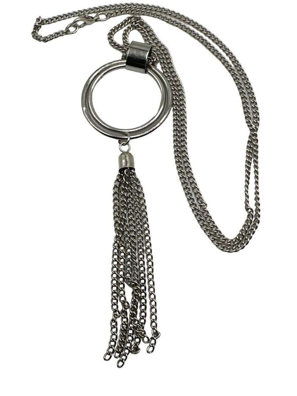 Contemporary Tassel Pendant Necklace Long Concentric Circle Silver Tone Chain